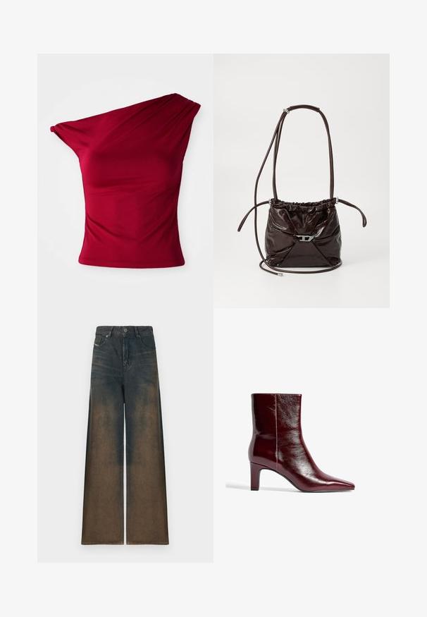 Bordo top z enim ramenom, narejen iz raztegljive tkanine, z oblačnimi detajli in prilegajočo silhueto, z gladkim, brezšivnim robom.; Asimetričen top z enim ramenom v temno rjavi umetni usnjeni tkanini; nabran stranski Detajl; gladka tekstura z rahlim sijajem; oprijeta zasnova.; Široke hlače iz temnega džinsa z gradientnim prehodom od temno rjave do svetlo rjave, z klasičnim petim žepom in kovinskim gumbom za zapiranje.; Burgundska usnjena gležnarja s koničastim nosom, elegantne zasnove in srednjo blok peto. Gladka tekstura in minimalno šivanje.; Temno rjava sijoča usnjena torba čez ramo z nabiranim zgornjim delom in tankim nastavljivim trakom, ki je na sprednji strani opremljena z majhno kovinsko zaporo srebrne barve.