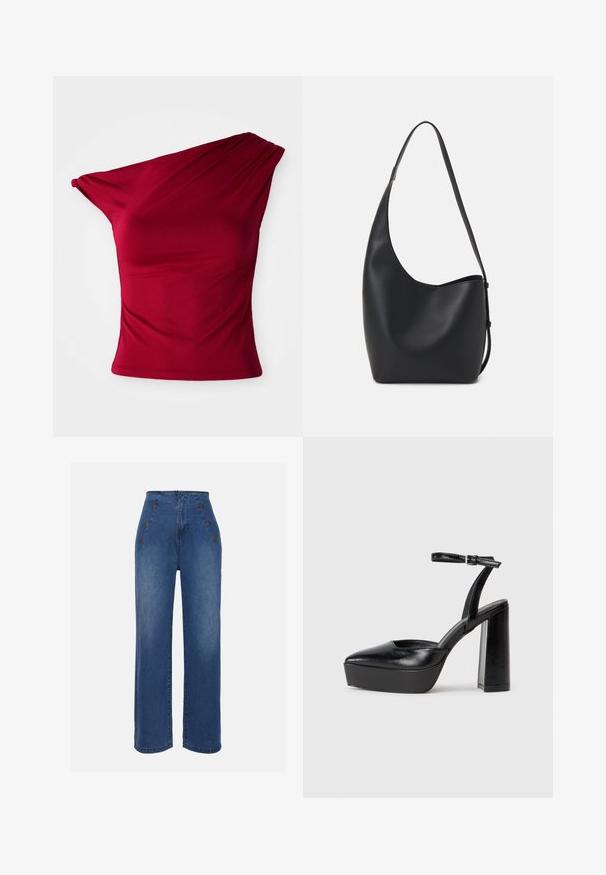 Burgundijas krāsas topiņš ar vienu plecu, izgatavots no elastīga auduma, ar drapētām detaļām un pieguļošu siluetu, ar gludu, bezšuvju apakšmalu.; Augstas jostas denima bikses vidēji zilā krāsā. Iespējas ir priekšējie pogu akcenti un plata kāju dizains. Audumam ir gluda tekstūra ar nelielu nodilumu.; Melnas platformas papēžs ar norādītu purngala formu un regulējamu potītes siksniņu. Izgatavotas no gludas ādas, ar masīvu bloku papēdi.; Melnas ādas hobo soma ar gludu tekstūru, izliekta forma un vienu regulējamu jostu; augšā ir plaša atvere.