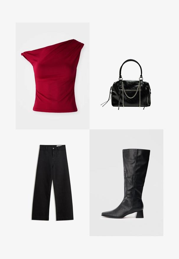 Bordeaux één-schoudertop van elastische stof, met gedrapeerde details en een aangesloten silhouet, voorzien van een gladde, naadloze zoom.; Zwarte denim broek met wijde pijpen en een hoge taille, voorzien van voor- en achterzakken, gestikte naden en een knoopsluiting. Gladde textuur.; Zwarte leren laars tot halverwege het kalf met spitse neus en blokhak op een plain lichte achtergrond.; Bershka WITH CHAIN - Handtas - black