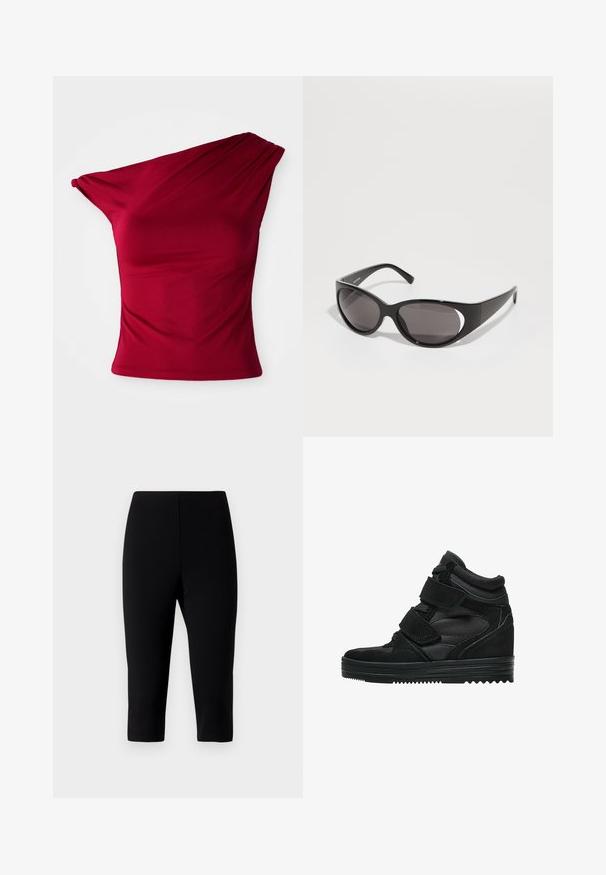 Burgundy one-shoulder top made of stretchy fabric, featuring draped detailing and a fitted silhouette, with a smooth, seamless hem.; Black capri pants made of stretchy fabric, featuring a fitted design that ends just below the knee with a smooth texture and no visible seams.; Black high-top sneakers made of suede and mesh, featuring Velcro straps, a smooth finish, and a textured rubber sole for traction.; Black sunglasses with oval lenses and a sleek design. The frames are glossy and wide, featuring a cut-out detail on the sides.