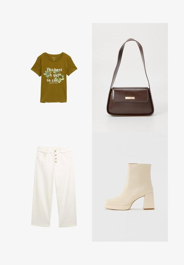 Olijfgroene katoenen T-shirt met een ronde hals, korte mouwen en bloemrijk grafisch ontwerp. De tekst luidt "Het beste moet nog komen."; Witte wijde jeans met vijf knopen, voorzakken en een gladde textuur. Rechte pijpen met schone zomen en subtiele stiksels.; Beige leren enkelboot met blokhak en plateauzool, gladde afwerking en licht vierkante neus, gericht naar links op een witte achtergrond.; Bruine leren schoudertas met een gestructureerde vorm, voorzien van een magnetische klepsluiting en een metallic logoaccent aan de voorkant.