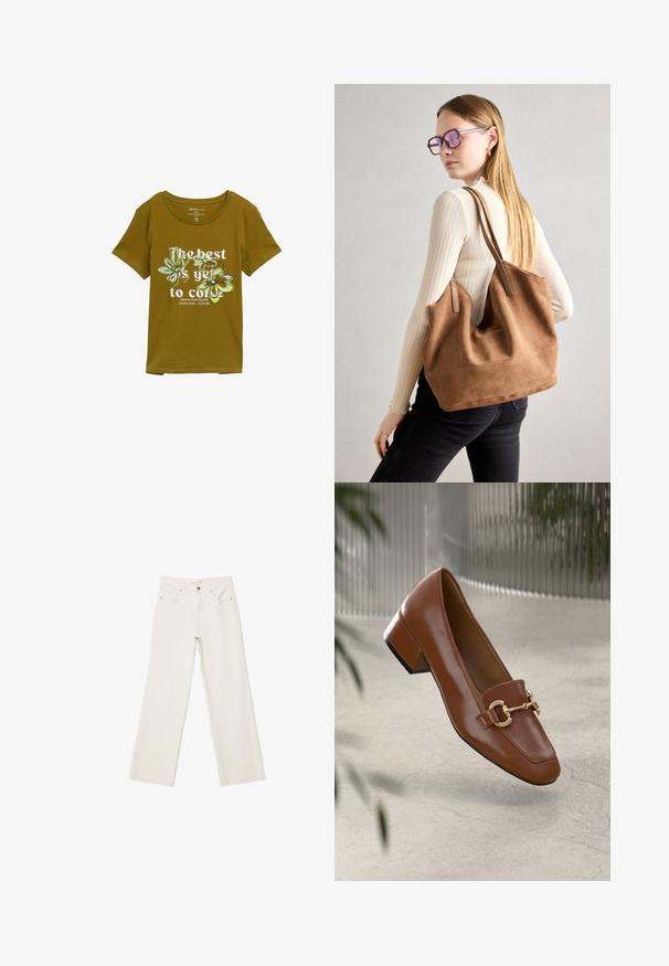 Olive zelené bavlnené tričko s okrúhlym výstrihom, krátkymi rukávmi a kvetinovým grafickým dizajnom. Text znie: "To najlepšie ešte len príde."; Biele široké rifle vyrobené z denimu, s vysokým pásom, prednými vreckami a zapínaním na gombík. Čistý dizajn s minimálnymi akcentmi.; Hnedé lakované kožené loafers s hranatou špičkou, kovovým reťazovým akcentom a nízkym blokovým podpätkom; hladká textúra, minimalistický dizajn.; Hnedá semišová taška na rameno s mäkkou textúrou, veľkým otvorom a dlhými popruhmi. Má jednoduchý dizajn s viditeľným šitím a bez kovových prvkov.