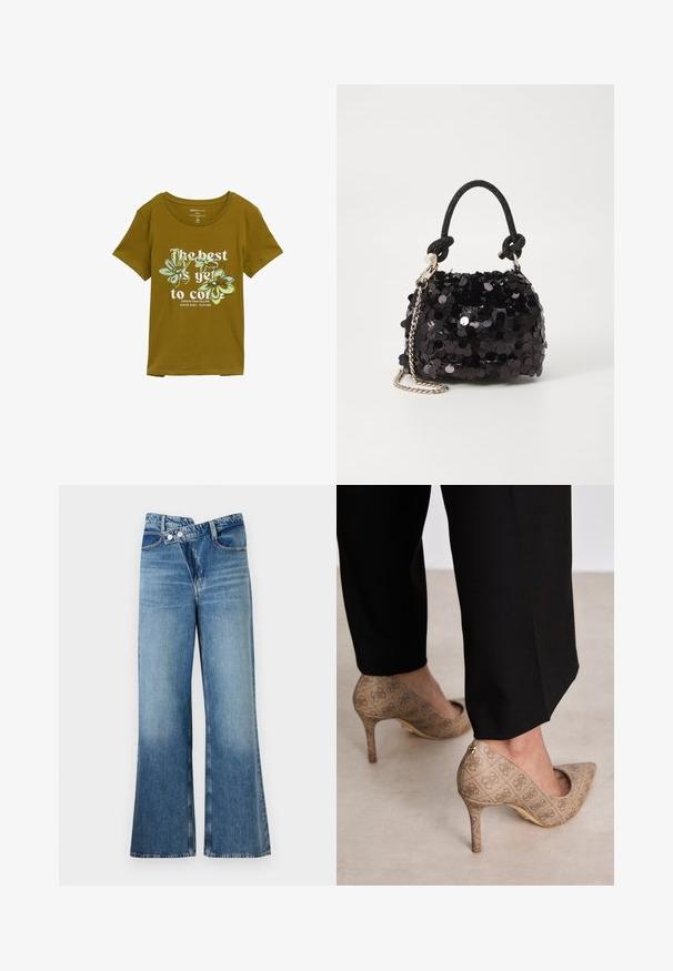 Oliven grøn bomulds T-shirt med rund halsudskæring, korte ærmer og blomster grafisk design. Teksten lyder "Det bedste er endnu ikke kommet."; Lysblå denim flared jeans med høj talje, der har to knapper og forlommer. Stoffet har en falmet struktur med subtile variationer.; Beige høje hæle med et struktureret stof, der har et gentaget mønster. Spids tådesign med en bagsideaccent og guldhælsdetail.; Sort pailette mini håndtaske med en knyttet struktureret rem og sølv kæde. Rund form med samlet top og reflekterende detaljer.