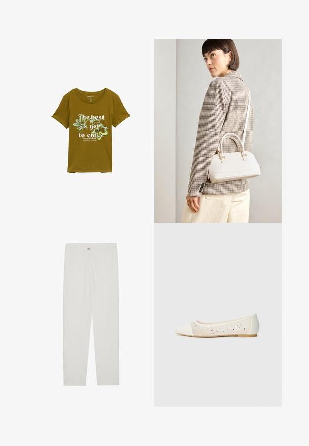 Olīvu zaļš kokvilnas T-krekls ar apaļu kakla izgriezumu, īsām piedurknēm un ziedu grafiku. Uz tā ir teksts "Labākais vēl priekšā."; Baltas, pielāgots bikses ar taisnu kāju dizainu, ar pogu aizdari, jostu cilpām un sānu kabatām; gluda auduma tekstūra.; Krēmsādas apavi ar pointēto pirkstu un caurspīdīgu augšdaļu, apkaisa ar izkaisītiem rhinestones. Mīksta zole ērta valkāšanai, minimālisma dizains.; Balta strukturēta roku soma ar īsām rokturiem un plecu siksnu, ar zelta aparatūras akcentiem un strukturētu materiālu, izstādīta uz pelēka fona.