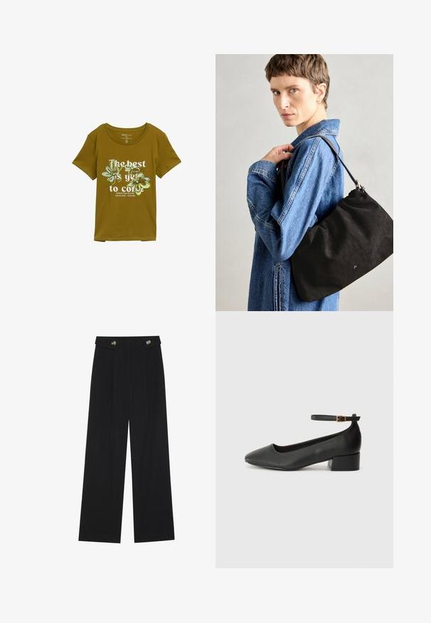 Olivegrünes Baumwoll-T-Shirt mit rundem Ausschnitt, kurzen Ärmeln und floralem Grafikdesign. Der Text lautet: "Das Beste kommt noch."; Schwarze weite Hosen mit hoher Taille, Knopfdetails am Bund und vorderen Falten.; Schwarze Lederpumps mit spitzem Zehenbereich und niedrigem Blockabsatz. Mit einem Knöchelriemen und einer goldfarbenen Schnalle. Glatte Textur.; Schwarze Wildleder-Handtasche mit weicher, strukturierter Form, ausgestattet mit einem schmalen Ledertrageriemen und dezentem Markenlogo. Das Modell trägt eine Jeansjacke.