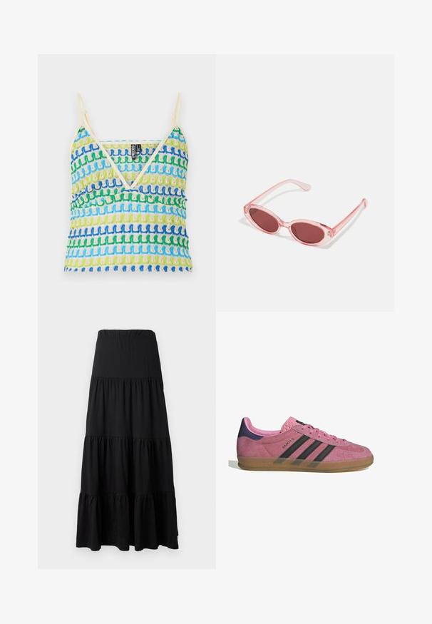 Colorful tank top with multicolored wave patterns in blue, green, and cream. It features thin straps and a V-neck design. Soft texture.; Black maxi skirt made of soft fabric, featuring a tiered design with an elastic waistband and ruffled accents at the hem.; Pink suede sneaker with black stripes, gum sole, and textured purple heel. Features a lace-up design and embossed branding on the side.; Pink transparent sunglasses with oval lenses, dark red tint, and slender arms, featuring a smooth finish and subtle detailing on the frame.