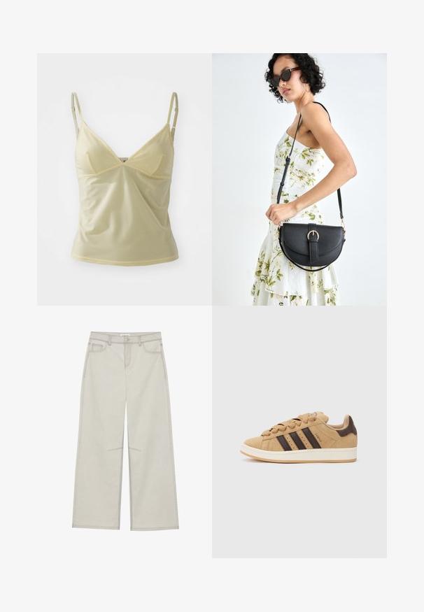Light yellow camisole with adjustable straps, v-neckline, and soft, smooth fabric. Features lace trim along the neckline and armholes.; Light gray wide-leg pants with five pockets, front button closure, and contrast stitching along seams. Fabric appears soft and durable.; Brown suede sneakers with three dark brown stripes, white sole, and beige laces. Paired with teal and white striped pants.; Black leather handbag with a curved shape, detachable strap, and gold hardware. The bag features a flap with a buckle detail.