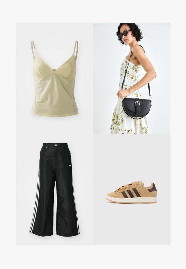 Light yellow camisole with adjustable straps, v-neckline, and soft, smooth fabric. Features lace trim along the neckline and armholes.; Black wide-leg denim pants with three white stripe accents on each side and a small white logo. Features front pockets and a button closure.; Brown suede sneakers with three dark brown stripes, white sole, and beige laces. Paired with teal and white striped pants.; Black leather handbag with a curved shape, detachable strap, and gold hardware. The bag features a flap with a buckle detail.