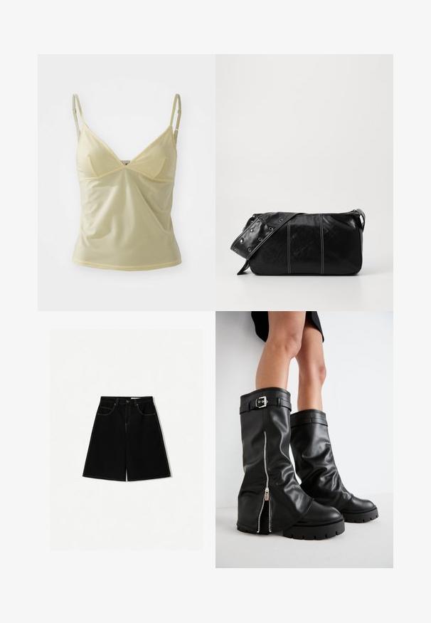 Világos sárga spagettipántos blúz állítható pántokkal, V-nyakkivágással és puha, sima anyagból készült. A nyakkivágás és a karöltők mentén csipkebetétek találhatók.; Fekete farmer rövidnadrág, laza szabással, öt zsebből, sárga varrással díszítve és közepes magasságú derékkal.; Fekete bőr, térd fölé érő csizmák széles szárwith, oldalsó cipzárral és csatos díszítéssel, textúrált felülettel és vastag gumitalppal.; Fekete bőr válltáska, cipzárral zárva, texturált felülettel, fehér varrással és ezüst fémgyűrűs pánttal.