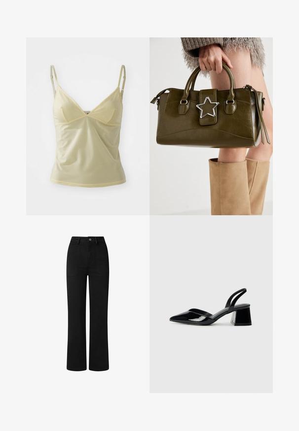 Šviesiai geltona kamšalas su reguliuojamomis petnešomis, V formos iškirpte ir minkšta, sklandžia medžiaga. Apkirptas nėriniu iškirptės ir rankovių vietose.; Juodos, aukšto juosmens kelnės su tiesioginiu pjūviu, pagamintos iš lygaus medvilnės audinio. Yra priekinių kišenių ir paprastas metalinis mygtuko užsegimas.; Juodos lakuotos odinės šlepetės su smailiu pirštu ir geometriniu bloko kulnu. Turi elegantišką, minimalistinį dizainą ir lygų paviršių.; Alyvuogių žalios spalvos dirbtinės odos rankinė su sidabro žvaigždės akcentu, dviem rankenomis ir užtrauktuko uždarymu. Tekstūruotas paviršius ir struktūrizuota forma.