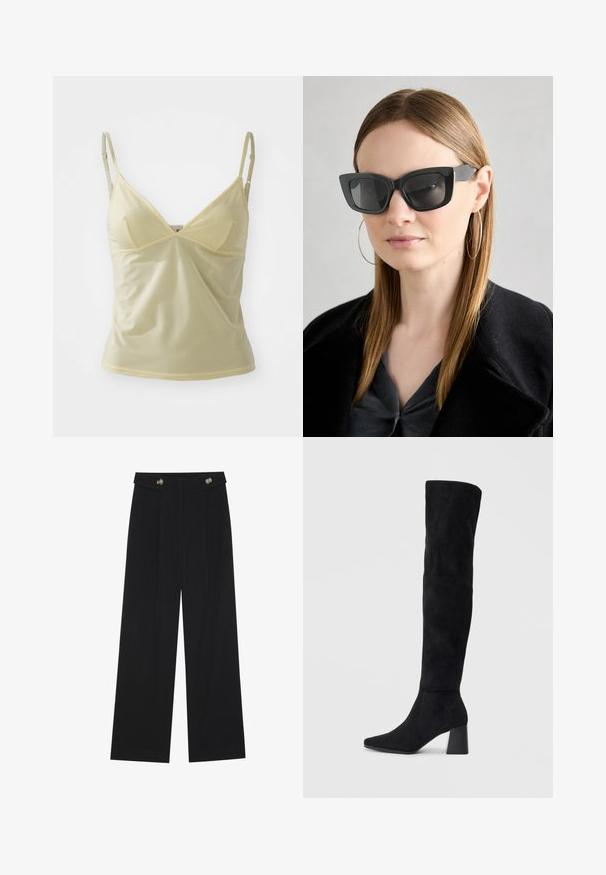 Svijetlo žuta majica bez rukava s podesivim trakama, V-izrezom i mekim, glatkim materijalom. Ima čipkastu oblogu duž izreza i otvora za ruke.; Crne hlače širokih nogavica s visokim strukom, s dugmadi na pojasu i prednjim nabora.; Crne antilop čizme do koljena s blok potpeticom, šiljastim prstom i glatkim, bešavnim dizajnom na običnoj svijetloj pozadini.; Crne mačje naočale s tamnim staklima, debelim okvirima i suptilnim detaljima. Nosit će se s crnim kaputom i sivoj majici, s dugom ravnom kosom.