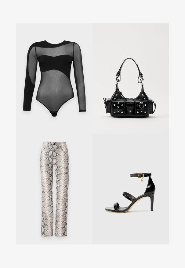 Černý body s dlouhými síťovinovými rukávy a pevným výstřihem. Design zahrnuje přiléhavý, průhledný materiál se svorkovými uzávěry na spodní části.; Kalhoty se vzorem hadí kůže v béžové a šedé barevné kombinaci. Rovný střih s texturovaným povrchem a předními kapsami. Obsahuje zapínání na knoflík.; Černé lakované kožené sandály se třemi pásky, sponou na kotníku a 10 cm jehlovým podpatkem. Obsahují zlaté kovové detaily a logo přívěsek.; Černá kožená kabelka s křivkovým designem, zdobená stříbrnými hřebíky, s přezkou a dvěma bočními kapsami. Nastavitelný popruh pro různé možnosti nošení.