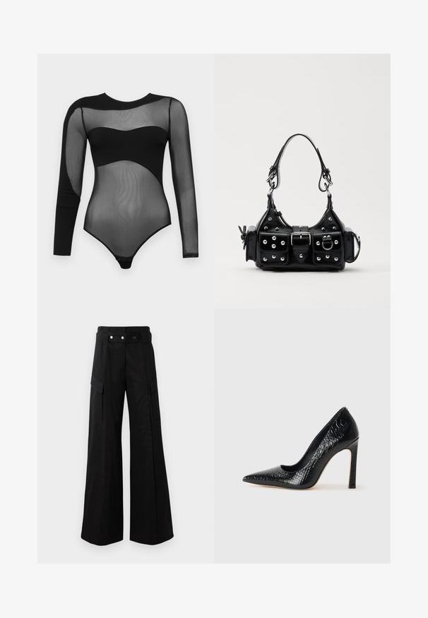 Melnā bodijs, kas piedāvā garas mežģīņu piedurknes un cietu dekoltē. Dizains ietver pieguļošu, caurspīdīgu tekstūru ar pogām apakšā.; Melni plats kāju bikses ar augstu jostasvietu, kas aprīkotas ar lielām sānu kabatām, divām priekšējām pogām un cilpas detaļu. Izgatavotas no izturīga auduma.; Melni augstpapēžu apavi ar norādītu purngalu, ar krokodila ādas tekstūru, izceļoties ar elegantu dizainu, augstu stiletto papēdi un gludu melnu interjeru.; Melnas ādas rokturmais ar izliekumu, ar sudraba iedurtiem, sprādzi un divām sānu kabatām. Regulējams siksniņas garums dažādām nēsāšanas iespējām.