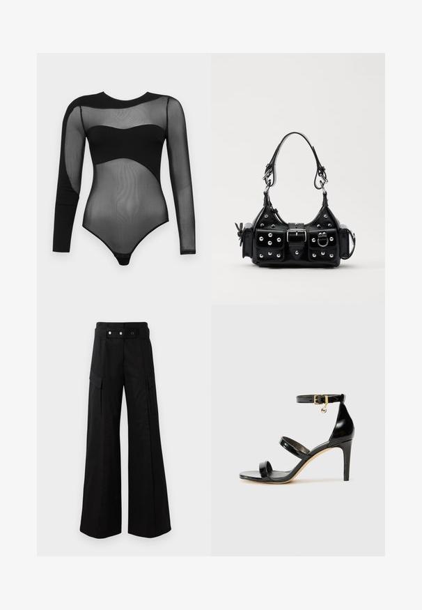 Bodysuit noir avec des manches en maille longues et un col solide. Le design présente une texture ajustée et transparente avec des fermetures à pression à la base.; Pantalons larges noirs avec une taille haute, dotés de grandes poches latérales, de deux boutons à l'avant et d'un détail en boucle. Fabriqués en tissu résistant.; Sandale en cuir verni noir avec trois brides, boucle de cheville et talon aiguille de 10 cm. Présente un détail en métal doré et un charm logo.; Sac à main en cuir noir au design courbé, avec des clous en argent, une boucle et deux poches latérales. Bandoulière réglable pour différentes options de transport.