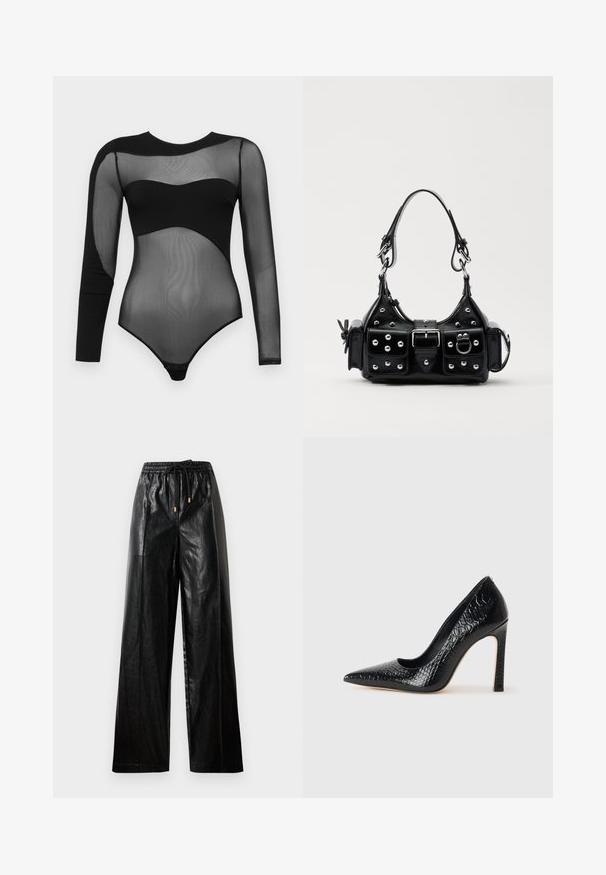 Schwarzer Body mit langen Mesh-Ärmeln und solidem Ausschnitt. Das Design umfasst eine enganliegende, durchsichtige Textur mit Druckknöpfen am unteren Ende.; Schwarze Leder-Hosen mit weitem Beinschnitt, elastischem Taillenbund, Kordelzug und goldenen Hardware-Akzenten. Glatte Textur und lockerer Schnitt.; Schwarzer, spitz zulaufender High Heel mit Krokodilleder-Struktur, elegantem Design, hohem Stiletto-Absatz und glattem schwarzen Innenraum.; Schwarze Lederhandtasche mit einem geschwungenen Design, verziert mit silbernen Nieten, einer Schnalle und zwei seitlichen Taschen. Verstellbarer Träger für verschiedene Tragemöglichkeiten.
