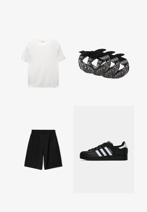 Vit kortärmad t-shirt med rund halsringning, mjuk textur, rak fåll och liten märkesetikett längst ner till vänster.; Svarta bomullsshorts med elastisk midja, sidofickor och en avslappnad passform, med slät textur och rak nederkant.; Svart Adidas Superstar sneaker med vita ränder, sula i skalform och "Superstar" text på sidan, visad i sidoprofil mot vit bakgrund.; Svartvita bandanas med paisleymönster, tillverkade av lätt tyg med knutändar för justerbar styling.