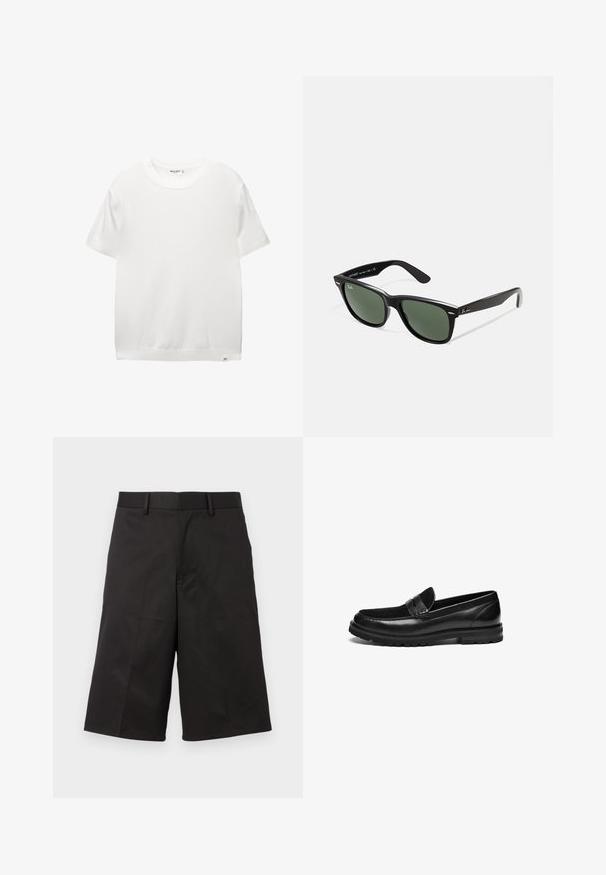 Biała koszulka z krótkim rękawem, okrągłym dekoltem, miękką fakturą, prostym wykończeniem dolnym oraz małą metką marki w lewym dolnym rogu.; Czarne szorty o dopasowanym kroju, wykonane z gładkiego materiału, z płaskim przodem, szlufkami na pasek i prostymi, skróconymi nogawkami.; Czarne skórzane półbuty o gładkim wykończeniu, z teksturowanym zamszowym akcentem na wierzchu i wytrzymałą gumową podeszwą.; Czarne plastikowe okulary przeciwsłoneczne z zielonymi szkłami, kwadratowe oprawki, srebrny akcent na brwi oraz fakturowane ramiona temple. Nazwa marki podana na wewnętrznej stronie ramion.
