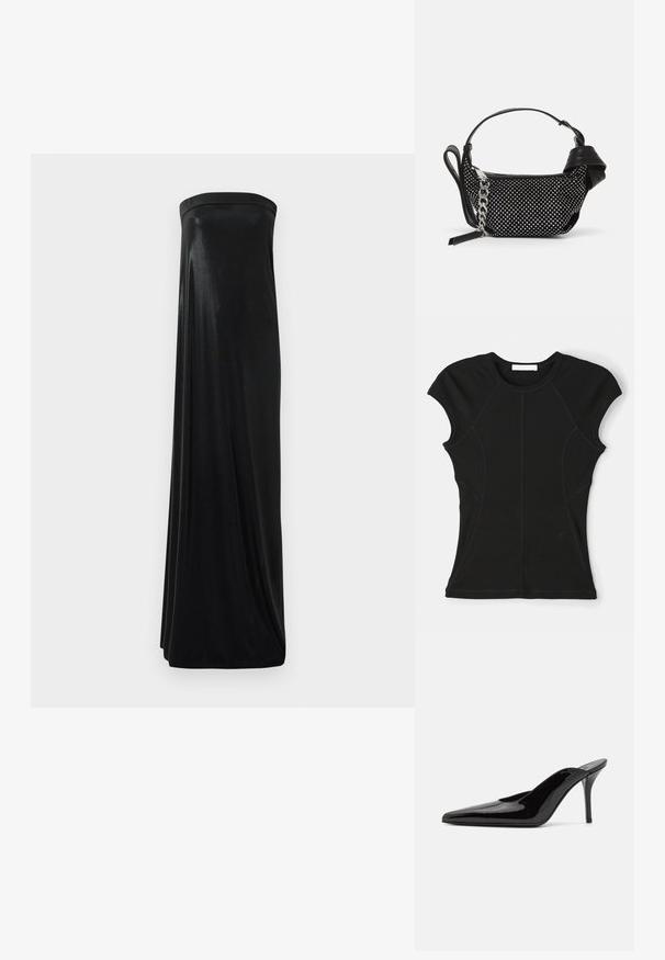 Czarny krótki top z rękawami wykonany z elastycznego materiału, z wyprofilowanymi szwami i okrągłym dekoltem. Zawiera subtelny detal logo przy dolnym brzegu.; Czarna maksidługa sukienka bez ramiączek wykonana z gładkiego, błyszczącego materiału. Posiada dopasowany górny fason i swobodny krój, sięgający ziemi bez ozdób.; Czarne lakierowane mule na wysokim obcasie z wąskim noskiem i elegancką sylwetką, charakteryzujące się otwartym tyłem i smukłym szpilką.; Czarna torebka z ćwiekowanymi zdobieniami, łańcuszkowym paskiem i gładkim skórzanym uchwytem, o zaokrąglonym kształcie i zamykanej kieszeni.