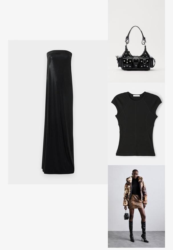 Black short-sleeve top made from a stretchy fabric, featuring curved seams and a rounded neckline. Includes subtle logo detail near the hem.; Black strapless maxi dress made of smooth, shiny fabric. Features a fitted bodice and flowing silhouette, reaching the floor without embellishments.; Puffer jacket with a brown and black pattern, paired with a brown snake print mini skirt, black knee-high boots, and a small black bag.; Black leather handbag with a curved design, featuring silver studs, a buckle, and two side pockets. Adjustable strap for carrying options.