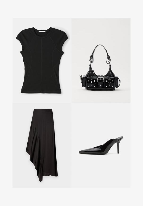 Schwarzes kurzärmliges Oberteil aus einem dehnbaren Stoff, mit geschwungenen Nähten und einem runden Halsausschnitt. Beinhaltet ein dezentes Logo-Detail nahe dem Saum.; AERON ASTER SKIRT - Bleistiftrock - black; Schwarze Lackleder-Pumps mit hohen Absätzen, spitzer Zehenform und schlanker Silhouette, mit offenem Rücken und schlankem Stiletto-Absatz.; Schwarze Lederhandtasche mit einem geschwungenen Design, verziert mit silbernen Nieten, einer Schnalle und zwei seitlichen Taschen. Verstellbarer Träger für verschiedene Tragemöglichkeiten.