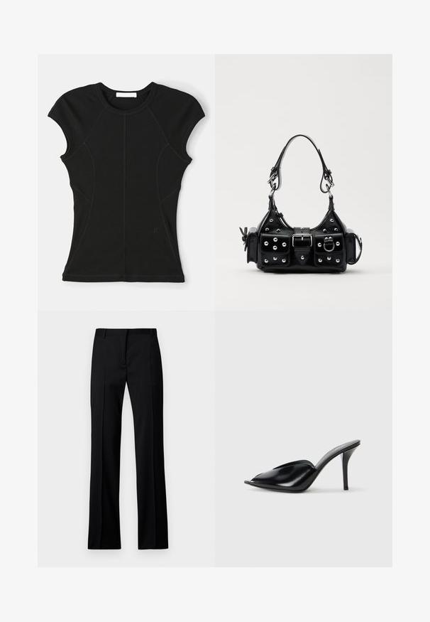 Top corto nero a maniche corte realizzato in un tessuto elasticizzato, con cuciture curve e scollatura rotonda. Include un delicato dettaglio del logo vicino all'orlo.; Pantaloni neri a gamba dritta in tessuto liscio, con vita piatta, passanti per la cintura e senza tasche visibili o decorazioni.; Mule nere in pelle con tacco alto, punta aperta, design affusolato, texture liscia e tacco stiletto sottile.; Borsa a mano in pelle nera con design curvo, caratterizzata da borchie argentate, una fibbia e due tasche laterali. Tracolla regolabile per diverse opzioni di trasporto.