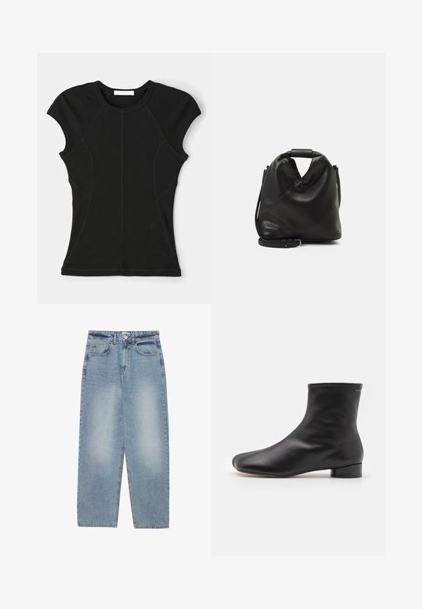 Top preto de manga curta feito de um tecido elástico, com costuras curvas e um decote arredondado. Inclui um detalhe discreto do logótipo perto da bainha.; Calças de ganga de um azul claro com um corte solto, design de perna reta, cinco bolsos e fecho por botão na cintura. Textura suave.; MM6 Maison Margiela BOOT - Botas clássicas de cano curto - black; Saco preto de couro suave com um design torcido único. Apresenta uma alça curta e uma alça de ombro destacável. Estilo minimalista.