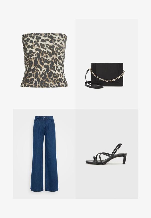 Top sin tirantes con estampado de leopardo, hecho de tejido acanalado, que presenta una mezcla de colores negro, marrón claro y crema, con un diseño ajustado y bordes rematados.; Pantalones vaqueros de mezclilla azul de pierna ancha con cintura alta, cierre frontal de botón y cremallera, y bolsillos delanteros y traseros sobre un fondo liso.; Sandalia negra de tiras con punta cuadrada y tacón bajo de bloque. Presenta múltiples tiras delgadas y una correa ajustable en el tobillo. Fabricada en cuero suave.; Bolso cruzado de piel negra con textura suave, forma rectangular y un detalle de cadena metálica en el frente. Incluye una correa ajustable.