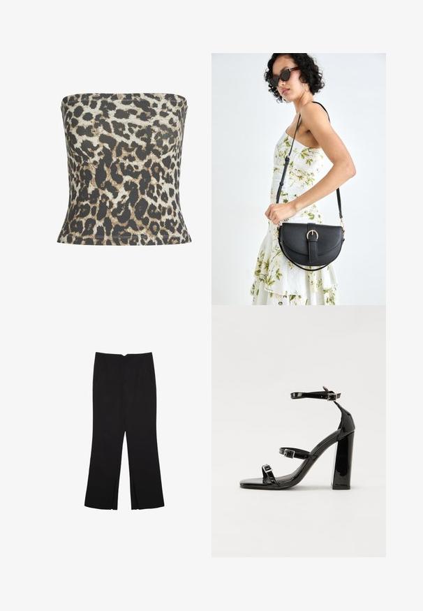 Bystödd topp i leopardmönster gjord av ribbad tyg, med en blandning av svart, tan och krämfärger, samt en åtsittande design med hemsydda kanter.; Svarta byxor med rak passform, utrustade med framfickor och sidoklyvningar vid fållen. Tillverkade av mjukt, slätt tyg. Lämpliga för olika tillfällen.; Svarta lackerade klacksandaler med fyrkantig tå, ankelremmar och silverfärgade spännen. Har en kraftig blockklack för stabilitet.; Svart läderhandväska med en böjd form, avtagbar rem och guldiga detaljer. Väskan har ett lock med en spänndetalj.