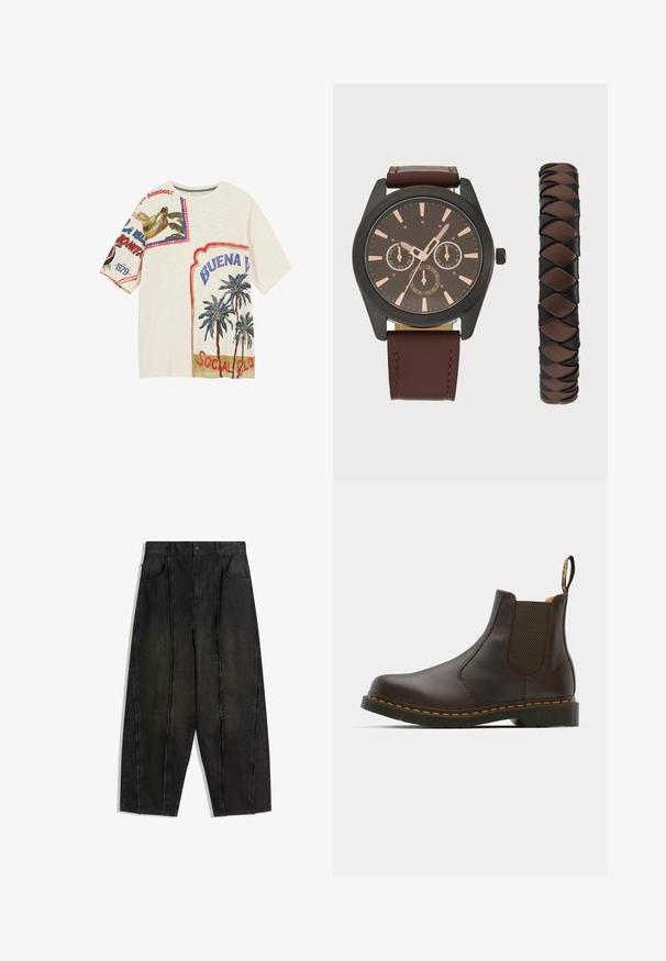Valkoinen lyhythihainen t-paita, jossa on erilaisia kangaskuvioita, kuten palmuja, banaani ja "BUENA VISTA SOCIAL CLUB" -teksti eri väreissä.; Mustat leveälahkeiset farkut, joissa on näkyvät saumat ja rispaantuneet reunat. Niissä on kaksi etutaskua ja korkea vyötärö.; Ruskean nahkainen Chelsea-kengä, jossa on elastiset sivupaneelit, teksturoitu korko ja kontrastivärinen keltainen tikkaus. Varustettu vetoketjulla helppoa pukemista varten.; Pier One SET - Rannekello - black/brown