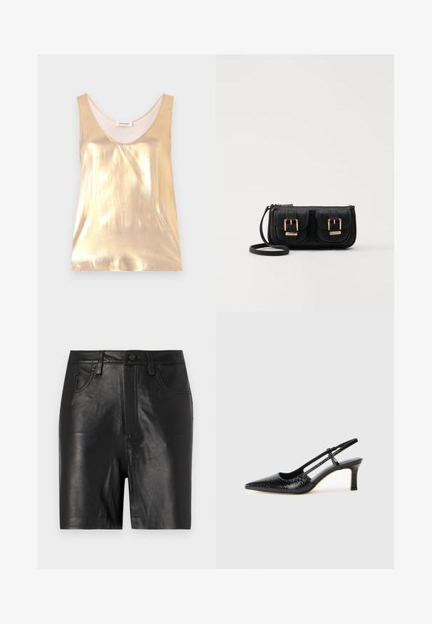 Metallic guld udenærmet top med en dyb scoop-halsudskæring. Glat tekstur, tætsiddende design og en blød inderside.; Sorte lædershorts med en glat tekstur, der har en frontlynlås, knaplukning og en klassisk fem-lomme design.; Sorte patent slingback hæl med spids tå, prydet med tekstureret slangeskindsmønster, justerbar rem og en kort, tekstureret blokhæl.; Sort læder crossbody taske med to frontlommer, guldspænder, lynlåslukning og en slank rem. Struktureret overflade og kompakt rektangulær form.