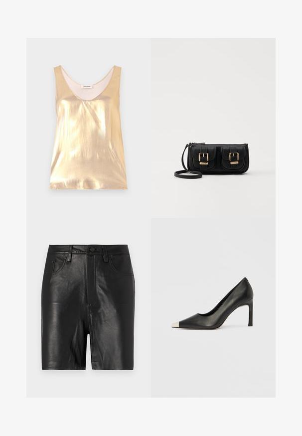 Top fără mâneci, de culoare aurie metalizată, cu un decolteu adânc în formă de cerc. Textură fină, design strâns, și căptușeală moale.; Shorts negri din piele cu o textură netedă, având un fermoar frontal, închidere cu nasture și un design clasic cu cinci buzunare.; Pantof cu toc înalt din piele neagră, cu vârf ascuțit și un capac metalic argintiu. Are un finisaj neted și un toc subțire de 10 cm.; Geantă neagră din piele, tip crossbody, cu două buzunare frontale, catarame aurii, închidere cu fermoar și o curea subțire. Suprafață texturată și formă rectangulară compactă.