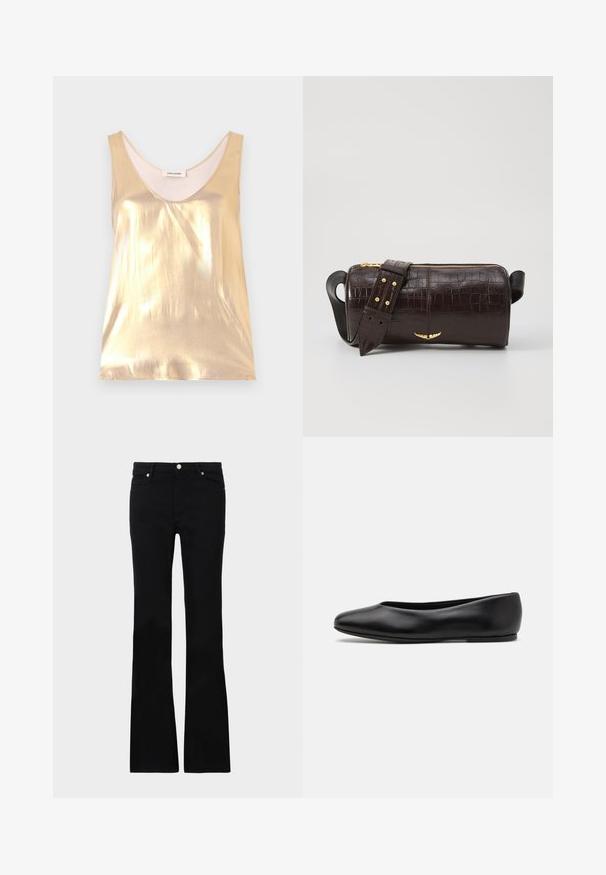 Top sin mangas de color dorado metálico con un escote profundo. Textura suave, diseño ajustado y un forro interior suave.; Pantalones vaqueros de talle ancho en negro, confeccionados en denim, con dos bolsillos frontales, cierre de botón y una textura suave. Costuras distintivas visibles en las costuras.; Paul Smith TOPANGA - Bailarinas - black; Bolso de cuero marrón con estampado de cocodrilo, de forma cilíndrica, con herrajes en tono dorado y una correa desmontable con tachuelas.