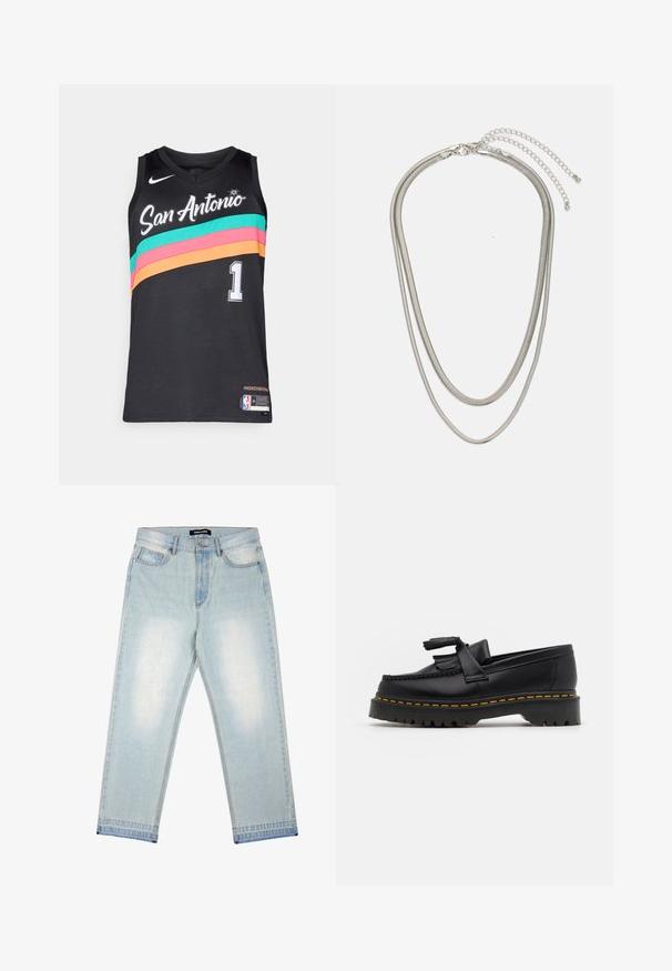 Camiseta deportiva negra con texto "San Antonio", con franjas horizontales en turquesa, rosa y naranja, cuello en V y número "1" blanco. Logotipo de Nike presente.; Pegador BARROW - Vaqueros holgados - sand washed blue; Mocasín de cuero negro con un acento de borlas, que presenta una suela gruesa negra y costuras amarillas a lo largo del borde. Acabado texturizado.; Collar de metal plateado de tres capas que presenta cadenas flexibles y elegantes con un ligero brillo, asegurado con un cierre de langosta y cadena ajustable.