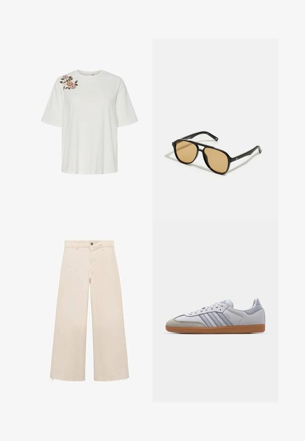 Bílý bavlněný tričko s volným střihem, zdobené barevným květinovým výšivkem v růžové, oranžové a zelené barvě na levém rameni. Krátké rukávy.; Široké kalhoty v jemné béžové barvě z bavlny, s knoflíkovým zapínáním, s jemně třepenými lemy a volným střihem.; Bílé kožené tenisky s světle modrými akcenty, šedým semišovým špičkou a hnědou gumovou podrážkou. Obsahují tři modré pruhy a branding "Samba".; Černé sluneční brýle s hnědými tónovanými čočkami; obdélníkový tvar s tlustým rámem, včetně jemných kovových akcentů na stranách.