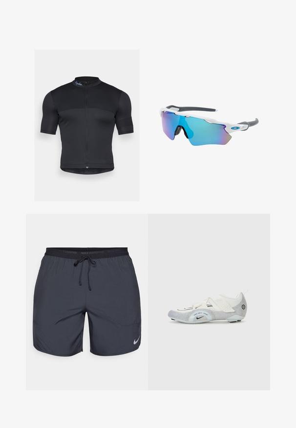 Maillot de cyclisme noir en tissu extensible, avec des manches courtes, un devant à demi-fermeture éclair et une texture côtelée subtile, portant un logo sur le col.; Shorts de course Nike en gris foncé, avec une taille élastique dotée d'un cordon de serrage et un accent de logo argenté sur la jambe inférieure droite.; Chaussures de cyclisme blanches et argentées avec une tige en mesh, des accents texturés, des sangles ajustables et une semelle en caoutchouc pour l'adhérence et la stabilité.; Lunettes de soleil avec une monture blanche, des accents gris et des verres miroitants bleus. Design sportif, forme enveloppante et plaquettes de nez réglables.