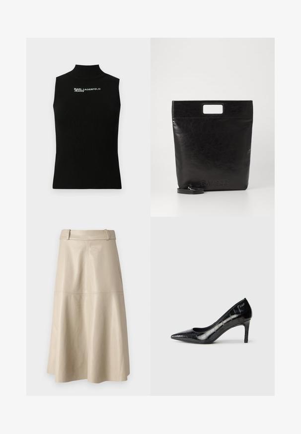 Must mustriga soonikanga topp kõrge kaelusega ja valge "Karl Lagerfeld Jeans" logoga rinnal.; Beež nahast midi-seelik, millel on sile tekstuur, lai talje ja laienev serves; lisatud detailina on nähtavad õmblused.; Mustad varvastega mustad kõrged kontsad läikiva viimistluse ja peene tekstuuriga mustriga. Omab mõõdukat kontsa ja avatud kaela disaini.; Must mustrikotest läikega must nahast kott ruudukujulise käepidemega, millel on tekstuuriga viimistlus ja reljeefne logo. Kohandatav rihm on eemaldatav.