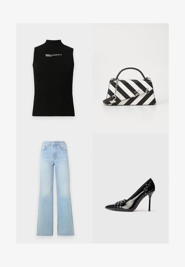 Černý bezrukávový žebrovaný pletený top s vysokým límcem a bílým logem "Karl Lagerfeld Jeans" vytištěným na horní části hrudníku.; Světle modré džíny s vysokým pasem a širokým střihem. Obsahují pět kapes a zapínání na knoflík, vyrobené z denimu s mírným vyblednutím.; Černý lakovaný kožený střevíček na vysokém podpatku se špičatou špičkou, třemi dekorativními pásky se hroty a značkou "Karl Lagerfeld" na podpatku.; Černo-bílá pruhovaná kabelka se strukturovaným tvarem, vybavená horní rukojetí, odnímatelným řetízkem a kovovým logem.