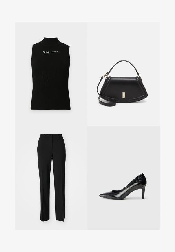 Black sleeveless ribbed knit top with high neckline and white "Karl Lagerfeld Jeans" logo printed on upper chest.; Black tailored trousers with a straight-leg design, featuring a smooth texture and crisp creases along the front. No visible hardware.; Black pointed-toe high heels with a glossy finish and subtle textured pattern. Features a moderate heel and open throat design.; Black leather handbag with a structured design, featuring a cropped shape, top handle, and gold hardware accent. Adjustable shoulder strap included.