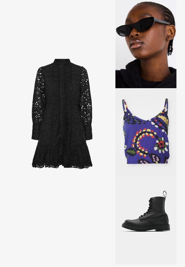 Livlig lila ärmlös topp med V-ringning, prydd med abstrakta mönster i grönt, gult, rött, svart och vitt. Slät tygfinish.; Svart broderad klänning med hög krage, knäppning fram, långa ärmar och ruffled nederkant. Har utskurna blommönster och geometriska mönster.; Svart läderkampsko med rund tå, snörning fram och dragflik vid vristen. Har en tjock gummisula för hållbarhet.; Svarta kattögon-solglasögon med matt yta, med en elegant design och lätt böjda kanter, placerade mot en modells mörka kläder.; Silverfärgade hoopörhängen med en slät, polerad yta. Rund form och säker klickstängning. Lättviktig design som passar för vardagligt bruk.