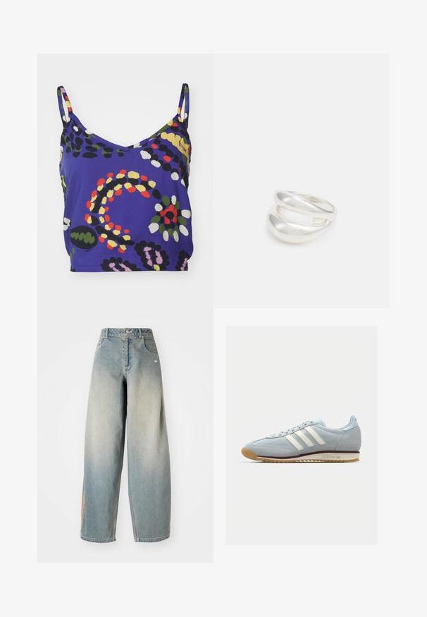 Vibrantna vijolična brezrokavna majica z V-izrezom, ki ima abstraktne vzorce v zeleni, rumeni, rdeči, črni in beli barvi. Gladka tkanina.; Svijetloplavi traper široki traperice sa izblijedjelim završetkom. Ima prednje džepove, zatvaranje na dugme i diskretan logotip na pojasu.; Svetlo modri semiš copati s belimi tremi črtami, gumijastim podplatom in teksturirano mrežico. Imajo gladek pokrov prstov in blagovno znamko na peti.; Srebrn dvojni prstan z gladko, polirano površino. Ima tekoč, ukrivljen dizajn z prekrivajočimi se sekcijami za sodoben videz.