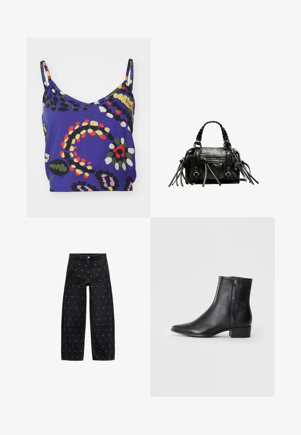 Vibrantna vijolična brezrokavna majica z V-izrezom, ki ima abstraktne vzorce v zeleni, rumeni, rdeči, črni in beli barvi. Gladka tkanina.; Črne široke kavbojke iz denima z vzorcem manjših srebrnih gromet, klasičnega pet-pocket dizajna in sprednjim zapiranjem na gumb.; Črne usnjene gležnjarje s koničastim nosom, gladko teksturo, nizko blok peto in zlatim logotipom na strani.; Črna usnjena torbica z pletenimi ročaji, teksturirano površino, zadrgo na sprednjem žepu in dekorativnimi resicami. Kompaktna in strukturirana oblika.