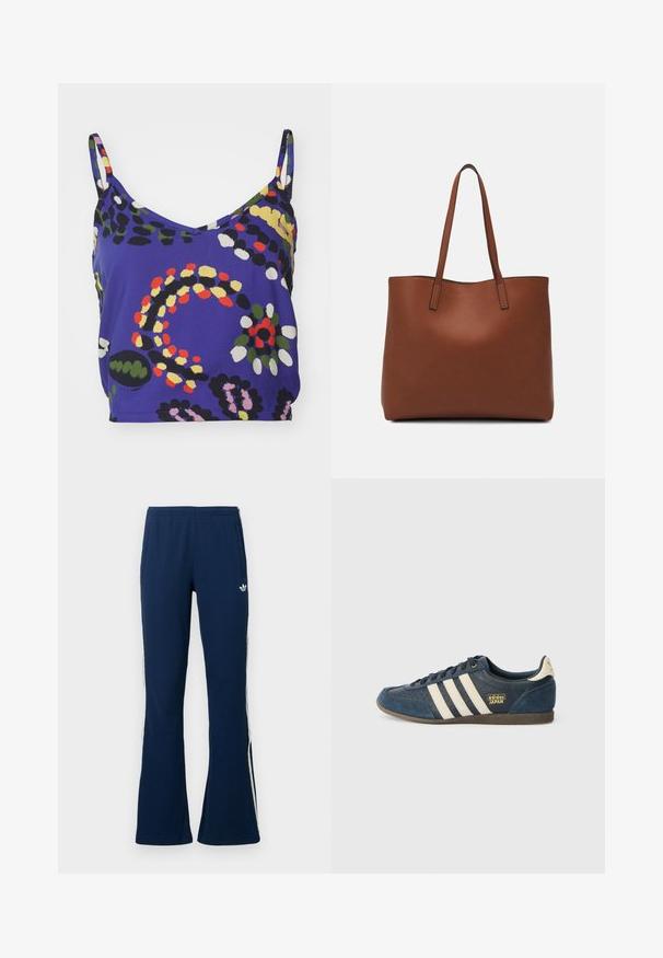 Erksine lilla ilma varrukatega topp, millel on V-kaelus, esitleb abstraktseid mustreid rohelises, kollases, punases, mustas ja valges. Sile kangaste lõpuleviimine.; Tumesinised soonikkoes laienevad tracksuit-püksid valgete küljeribadega ja vasakul pool tikitud logoga, millel on kaks küljetaskut.; Tumesinise nahast tennisekingad kreemjate triipudega, tekstuuriga varvasaalaga, kuldse "adidas JAPAN" logoga ja pruuni kummitaldaga. Klasikaline madala lõikega disain.; Pruun nahast tote-kott, millel on sile tekstuur, avatud ülaosa disain ja kaks õlarihma. Omab minimaalset õmblust ja nähtavat riistvara ei ole.