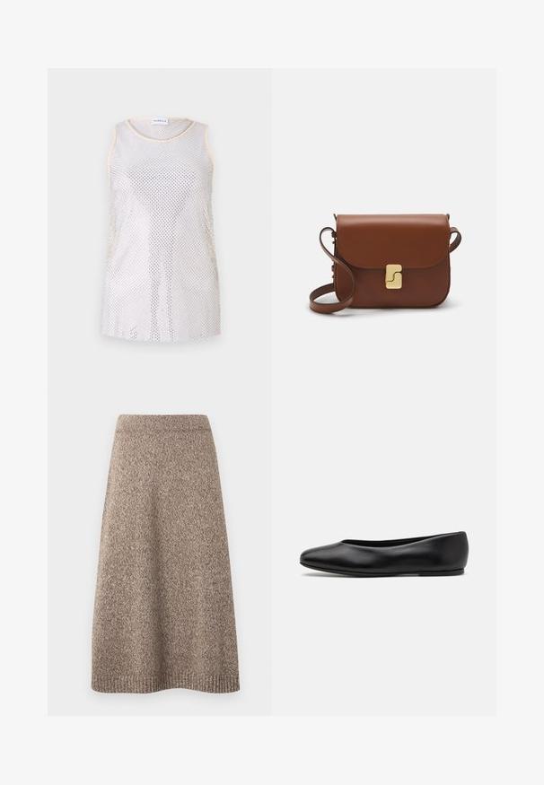 Mouwloze mesh top in lichtgrijs, met een ronde halslijn en een subtiele beige rand. De stof heeft een netachtige textuur met gelijkmatig verdeelde gaten.; Gebreide rok in een warme bruine tint met een textuurpatroon, passende tailleband en een uitlopende silhouet, met ribgebreide accenten aan de zoom.; Paul Smith TOPANGA - Ballerina's - black; Bruine leren handtas met een klep sluiting, gouden hardware, een schouderband en een gladde textuur. Compact rechthoekige vorm.