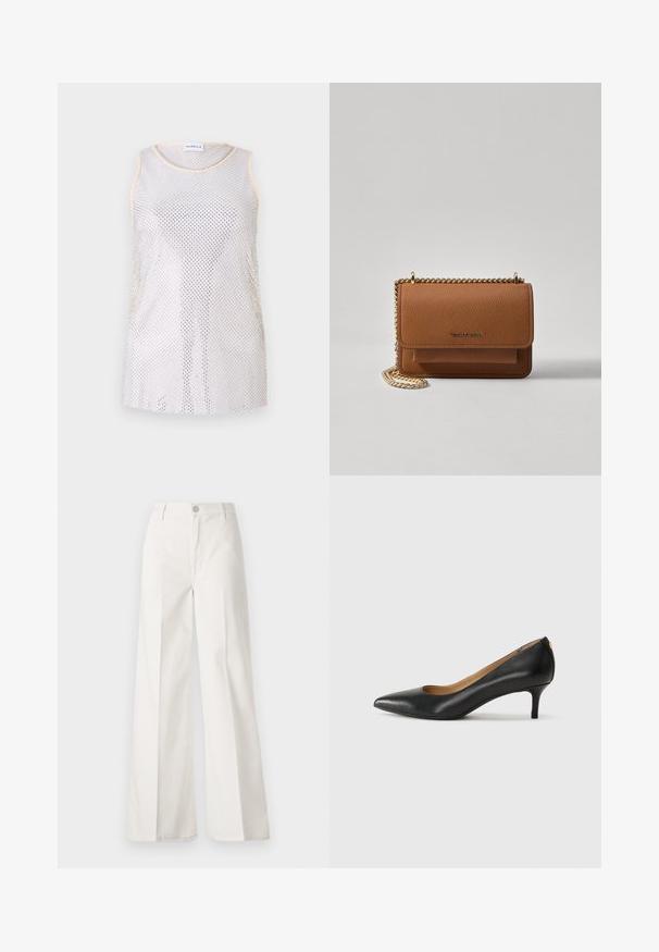 Bez rękawów siatkowa bluzka w jasnoszarym kolorze, z okrągłym dekoltem i delikatnym beżowym wykończeniem. Materiał ma siatkową teksturę z równomiernie rozmieszczonymi otworami.; Białe spodnie typu wide-leg wykonane z bawełny o gładkiej fakturze. Posiadają zapięcie na guzik z przodu, zamek błyskawiczny oraz cztery kieszenie.; Czarne skórzane szpilki z wąskim noskiem, niskim obcasem i gładką fakturą. Posiadają lekko otwarte przody i minimalne okucia z tyłu.; Brązowa skórzana torba na ramię z teksturą, z złotym łańcuszkiem i zapięciem na klapkę. Z przodu znajduje się detal z logo oraz kieszeń pod klapką.
