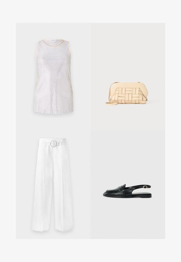 Ärmelloses Netzoberteil in Hellgrau mit rundem Halsausschnitt und einem dezenten beigen Besatz. Der Stoff hat eine netzartige Textur mit gleichmäßig verteilten Löchern.; Weite, weiße Leinenhose mit einem taillierten Bund und einer runden Schnalle. Glatte Textur mit lockerer Passform, keine sichtbaren Muster.; Schwarze Leder Slingback-Schuhe mit runder Spitze, flacher Sohle, seitlichem Ausschnitt und einem Riemen mit goldfarbener Hardware-Applikation.; Gewebte beige Handtasche mit strukturiertem Design, ausgestattet mit einer glatten Oberseite und einem langen Tragegurt. Texturierte Details verbessern das Gesamtbild.