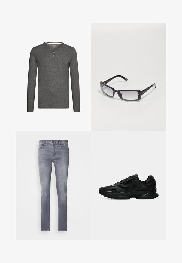 Gray long-sleeve shirt with a henley neckline, three wooden buttons, and a small logo tag at the bottom left. Soft, textured fabric.; Light grey denim jeans with a straight cut, featuring five pockets, brass button closure, and subtle fading on the legs.; Black athletic sneakers with textured upper, reflective accents, and cushioned soles. Features laces and brand logo on the side.; Black rectangular sunglasses with a gradient lens, featuring a thick frame and metal accent details on the arms. Smooth texture throughout.