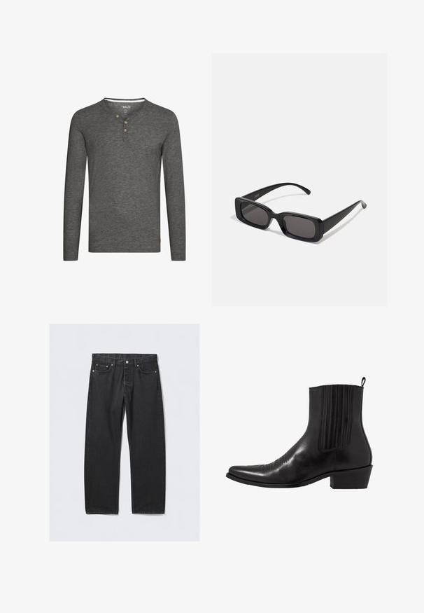 Gray long-sleeve shirt with a henley neckline, three wooden buttons, and a small logo tag at the bottom left. Soft, textured fabric.; Black denim jeans with a straight-leg cut, featuring a button fly, five pockets, and copper-toned hardware accents. Smooth texture.; Black leather ankle boot with a pointed toe, elastic side panels, vertical stitching accents, and a low block heel.; Black rectangular sunglasses with dark lenses, glossy finish, wide arms, and a chunky frame design. Engraved brand name on one arm.