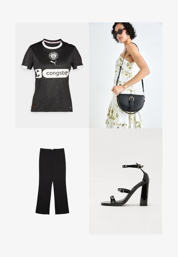 Maillot de football noir du FC St. Pauli à manches courtes, avec col et poignets blancs, présentant un motif texturé et des logos sur le devant.; Pantalon noir avec une coupe droite, doté de poches avant et d'éclairs sur l'ourlet. Fabriqué en tissu doux et lisse. Convient à diverses occasions.; Sandales à talons vernies noires avec un bout carré, des sangles autour de la cheville et des boucles en argent. Dotées d'un talon bloc épais pour plus de stabilité.; Sac à main en cuir noir avec une forme courbée, bandoulière amovible et des accessoires en or. Le sac est doté d'un rabat avec un détail de boucle.