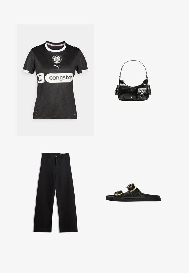 FC St. Pauli zwarte voetbalshirt met korte mouwen, witte kraag en mouwen, met een gestructureerd patroon en logo's op de voorkant.; Zwarte denim broek met wijde pijpen en een hoge taille, voorzien van voor- en achterzakken, gestikte naden en een knoopsluiting. Gladde textuur.; Zwarte slipper met twee gouden gesps, gladde textuur, platte zool en een minimalistisch ontwerp.; Zwarte laarzen in lakleer met een gebogen vorm, één schouderband, voorvakken en accenten in zilverkleurig metaal.