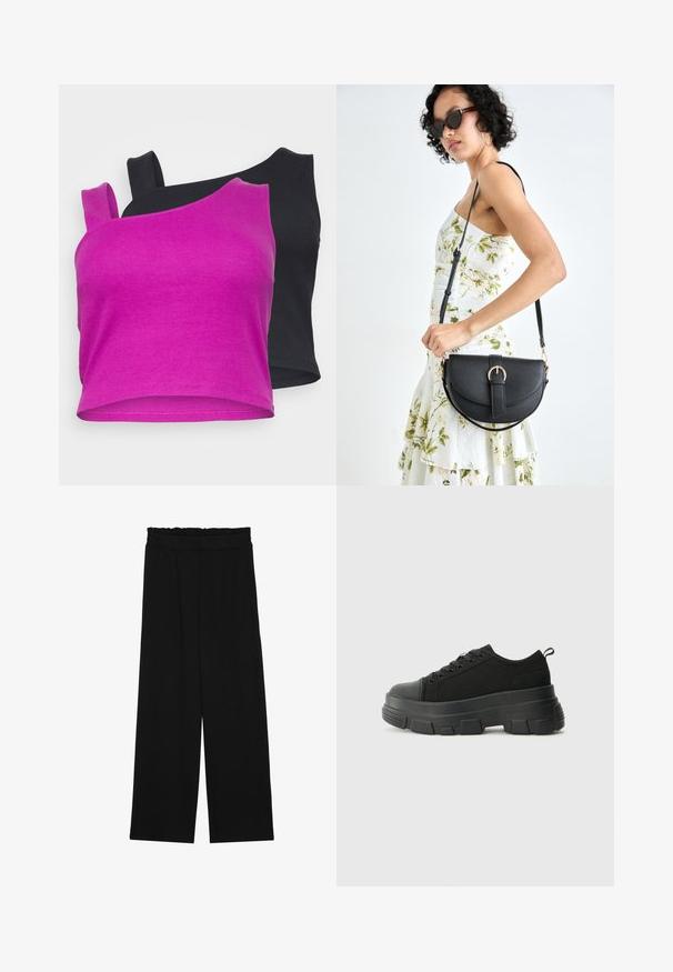 Dois tops curtos: um em fúcsia brilhante com textura em malha e outro em preto sólido. Ambos apresentam um design de alça única.; Calças largas pretas com um cinto franzido, apresentando dois bolsos laterais e um tecido suave e leve. Sem padrões ou ferragens visíveis.; Sneakers pretos com sola de borracha robusta, parte superior de tecido texturizado, bico redondo e design de atacadores. Apresenta ilhós reforçados e uma alça na parte posterior.; Bolsa de couro preta com forma curva, alça destacável e detalhes em dourado. A bolsa possui uma aba com detalhe de fivela.